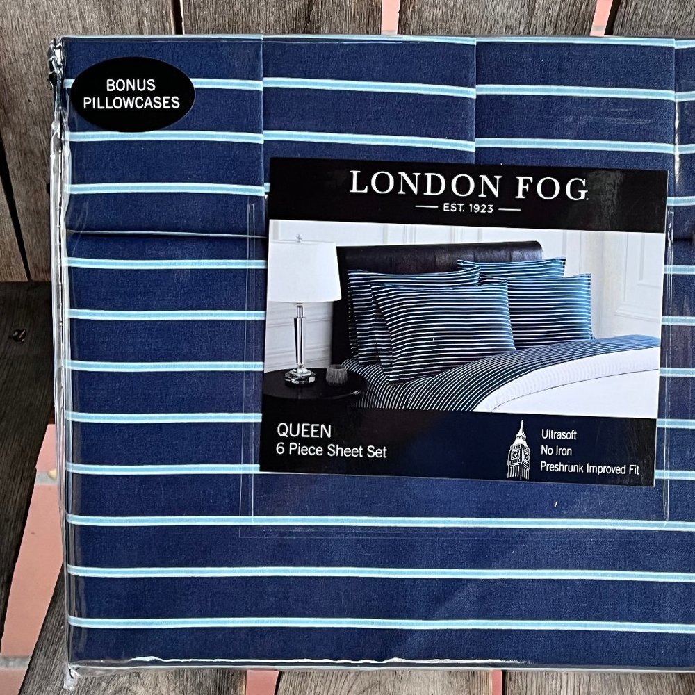 6-pc London Fog FULL SIZE Sheet Set - NAVY BLUE STRIPES- 2 EXTRA PILLOWCASES